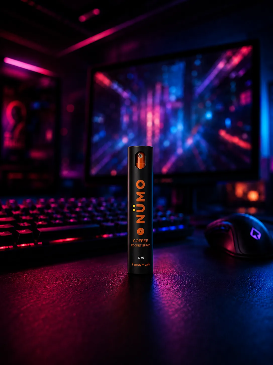 NÜMO sobre un setup de gaming con teclado RGB y monitor de neón
